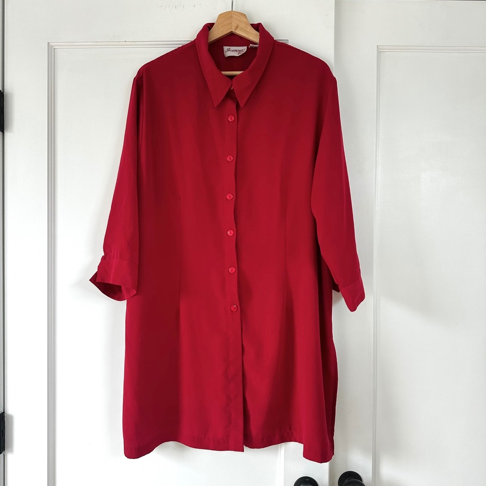 Vintage 90s Joanna Plus Red Button Front Coverup Shirt 3/4 Sleeve Size 2X